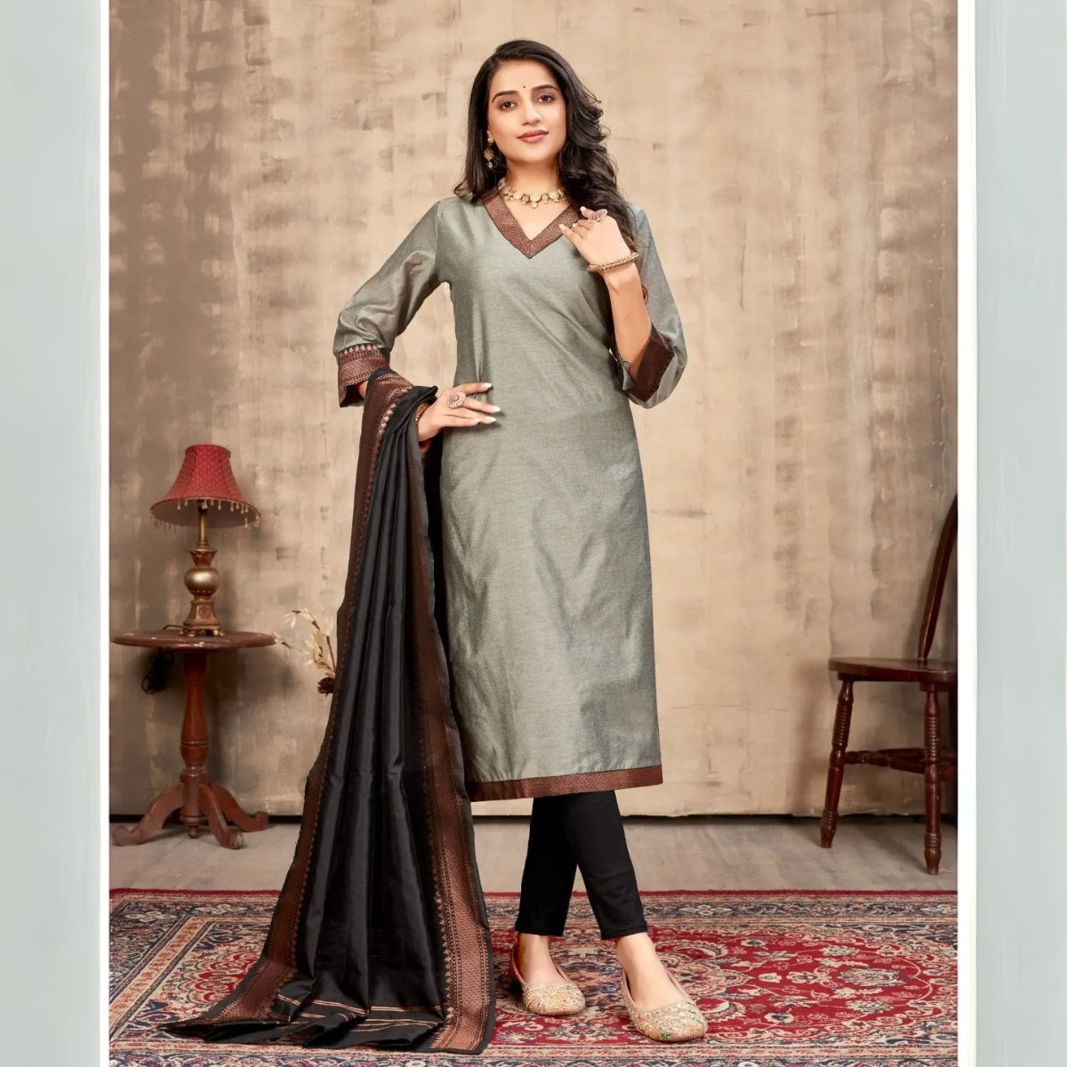 Vibrant Pack of 3 Silk Blend Suit Sets with Dupatta – Orange , Pink & Grey | Sizes XS–3XL | SS-05