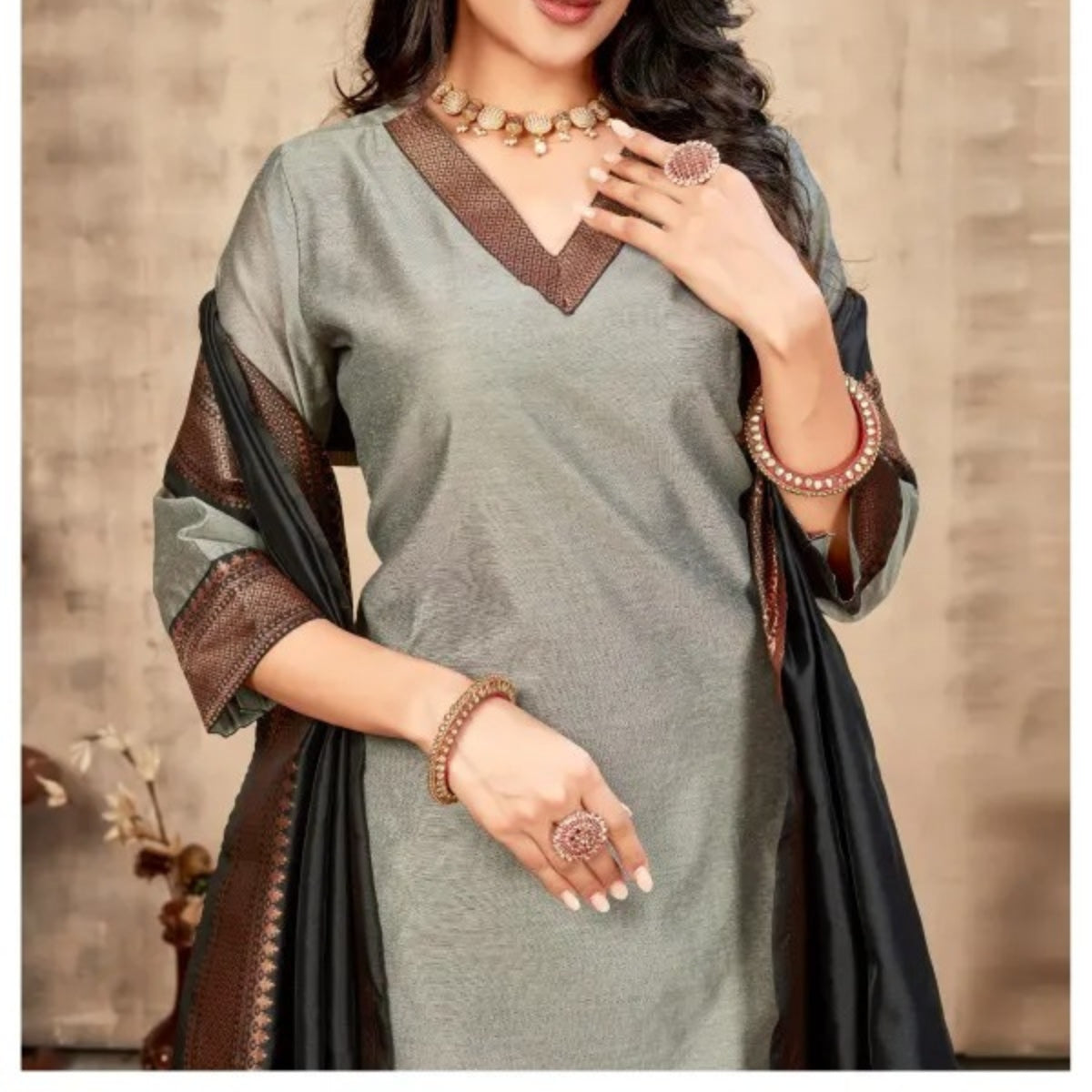 Vibrant Pack of 3 Silk Blend Suit Sets with Dupatta – Orange , Pink & Grey | Sizes XS–3XL | SS-05