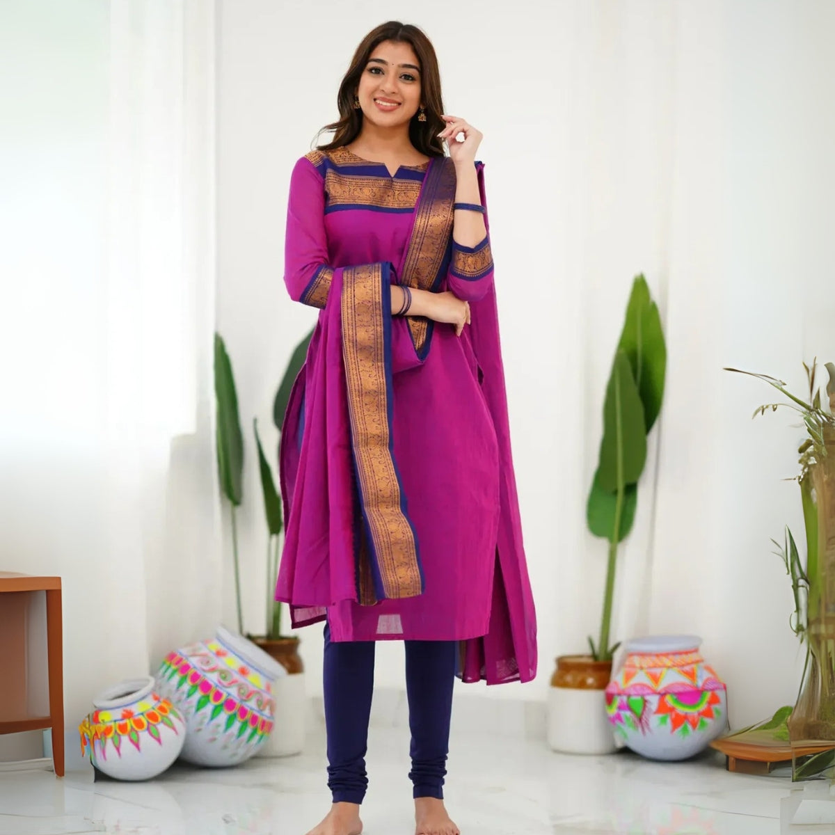 Vibrant Pack of 3 Silk Blend Suit Sets with Dupatta – Magenta, Navy Blue & Black | Sizes XS–3XL | SS-10