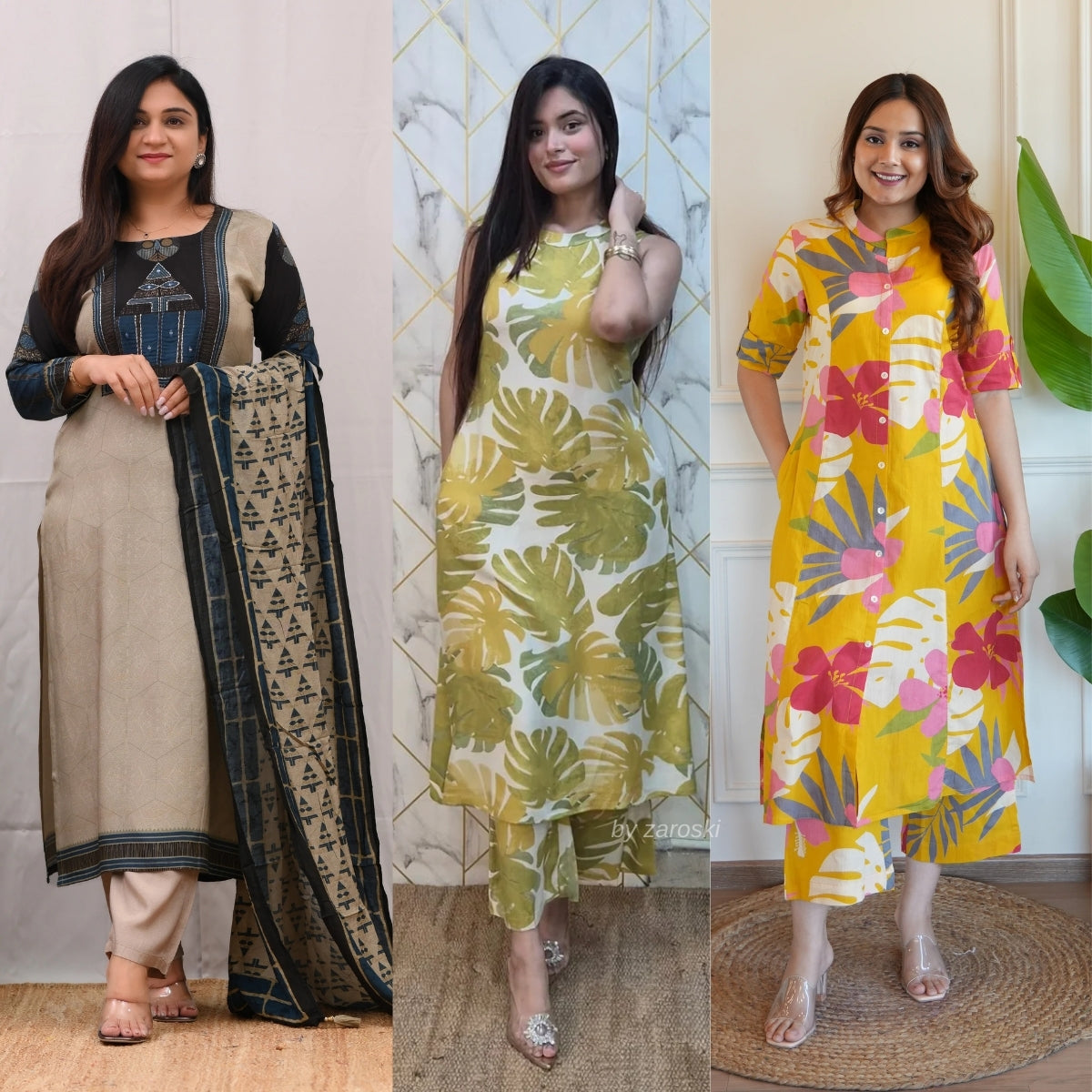 3 Combo Soft Cotton Kurta with Stylish Printed Pants Set For Daily Wear | KSP-09
