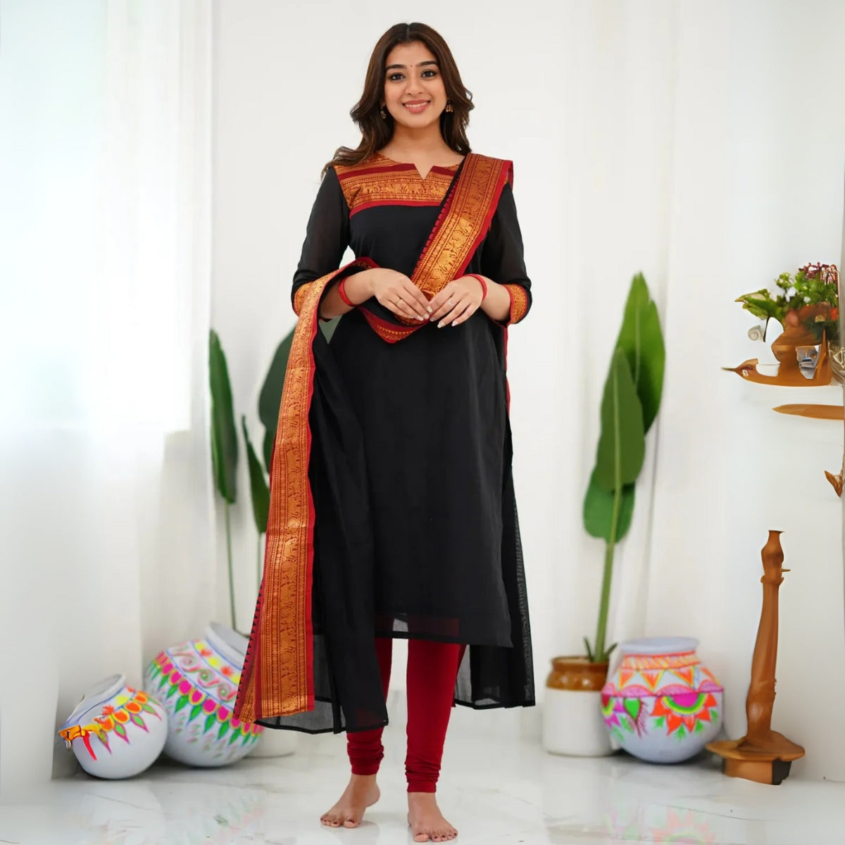Vibrant Pack of 3 Silk Blend Suit Sets with Dupatta – Magenta, Navy Blue & Black | Sizes XS–3XL | SS-10