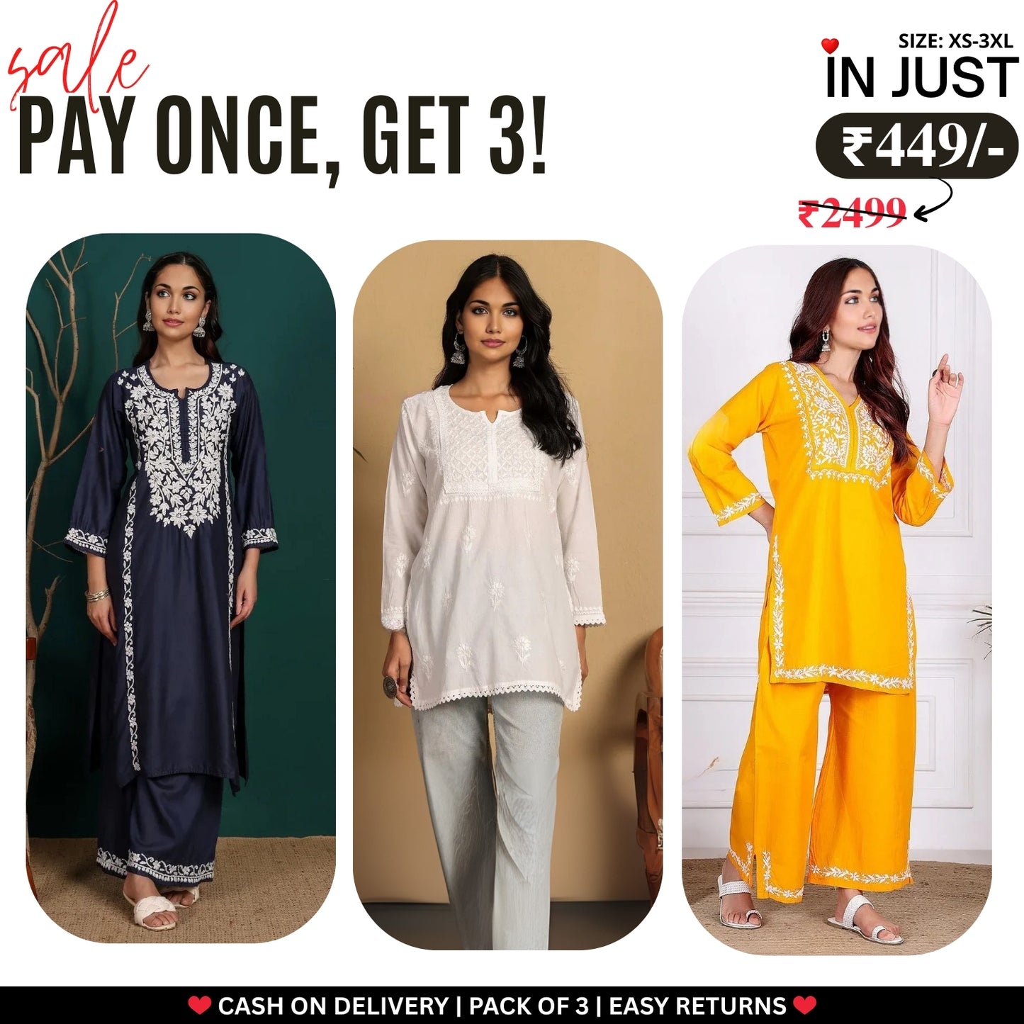 3 Combo Pack | Women Chikankari Work Kurti Set | Full Sleeves - CKW-01