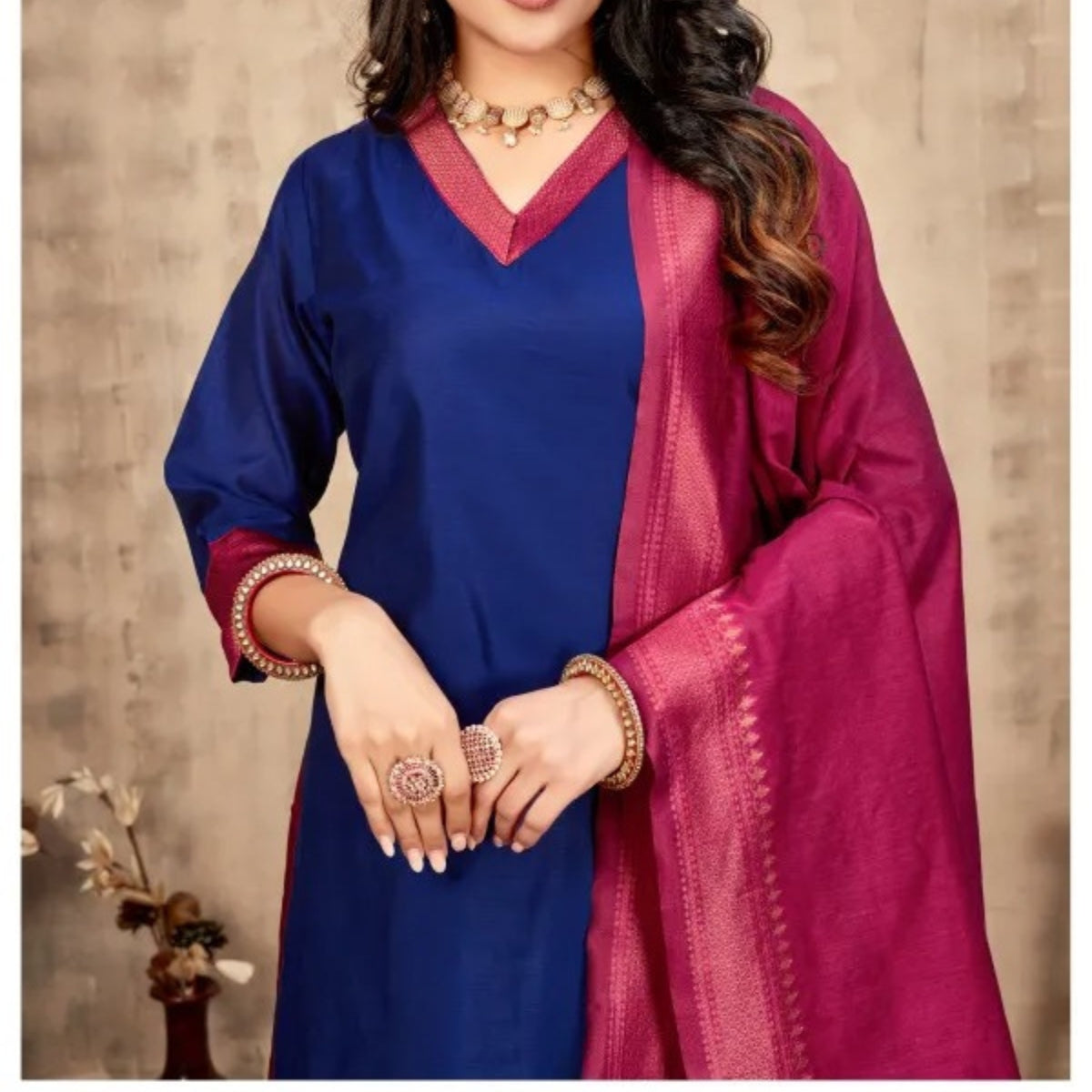 Vibrant Pack of 3 Silk Blend Suit Sets with Dupatta – Grey, Yellow & Purple | Sizes XS–3XL | SS-03