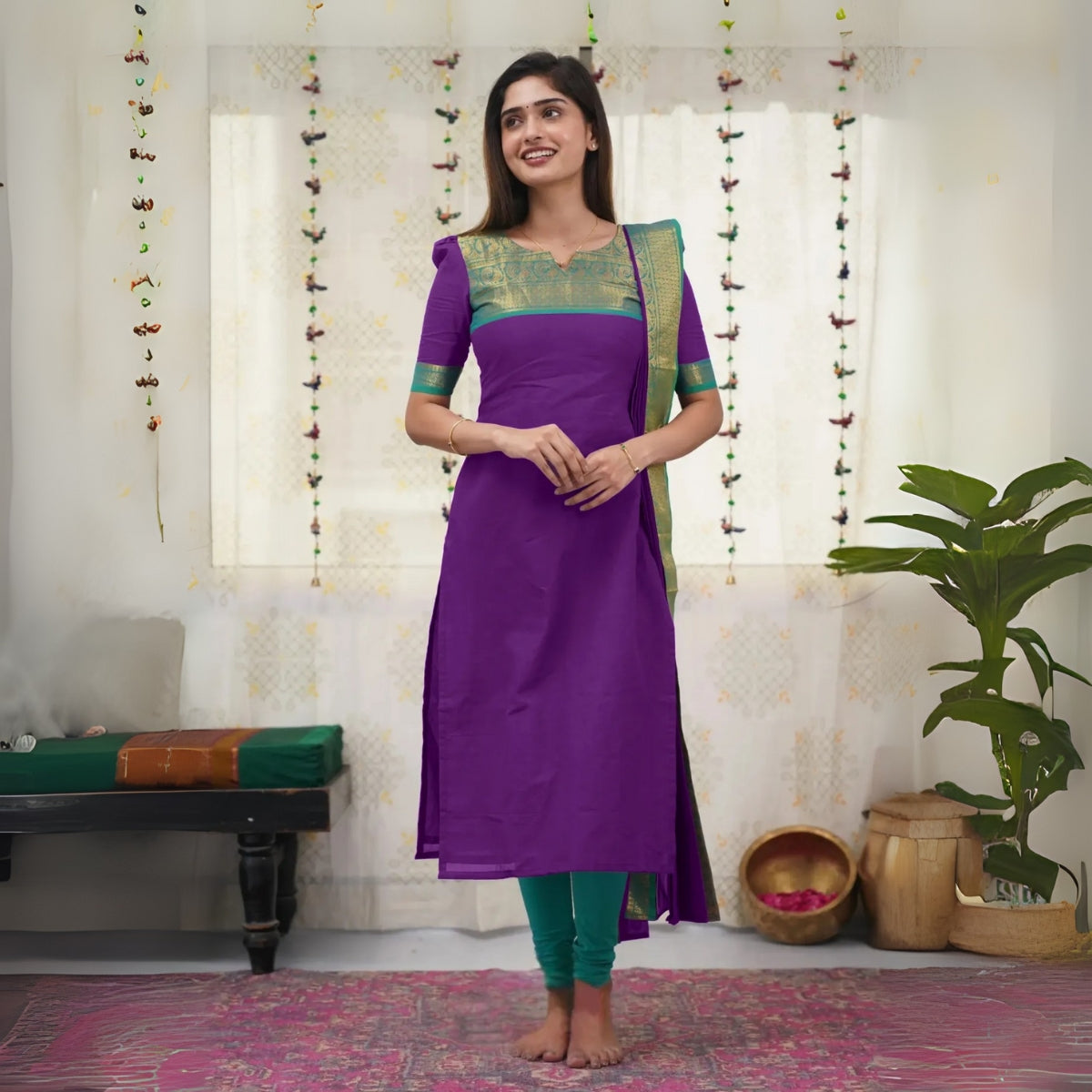 Vibrant Pack of 3 Silk Blend Suit Sets with Dupatta –Pink , Parrot Green & Purple | Sizes XS–3XL | SS-04