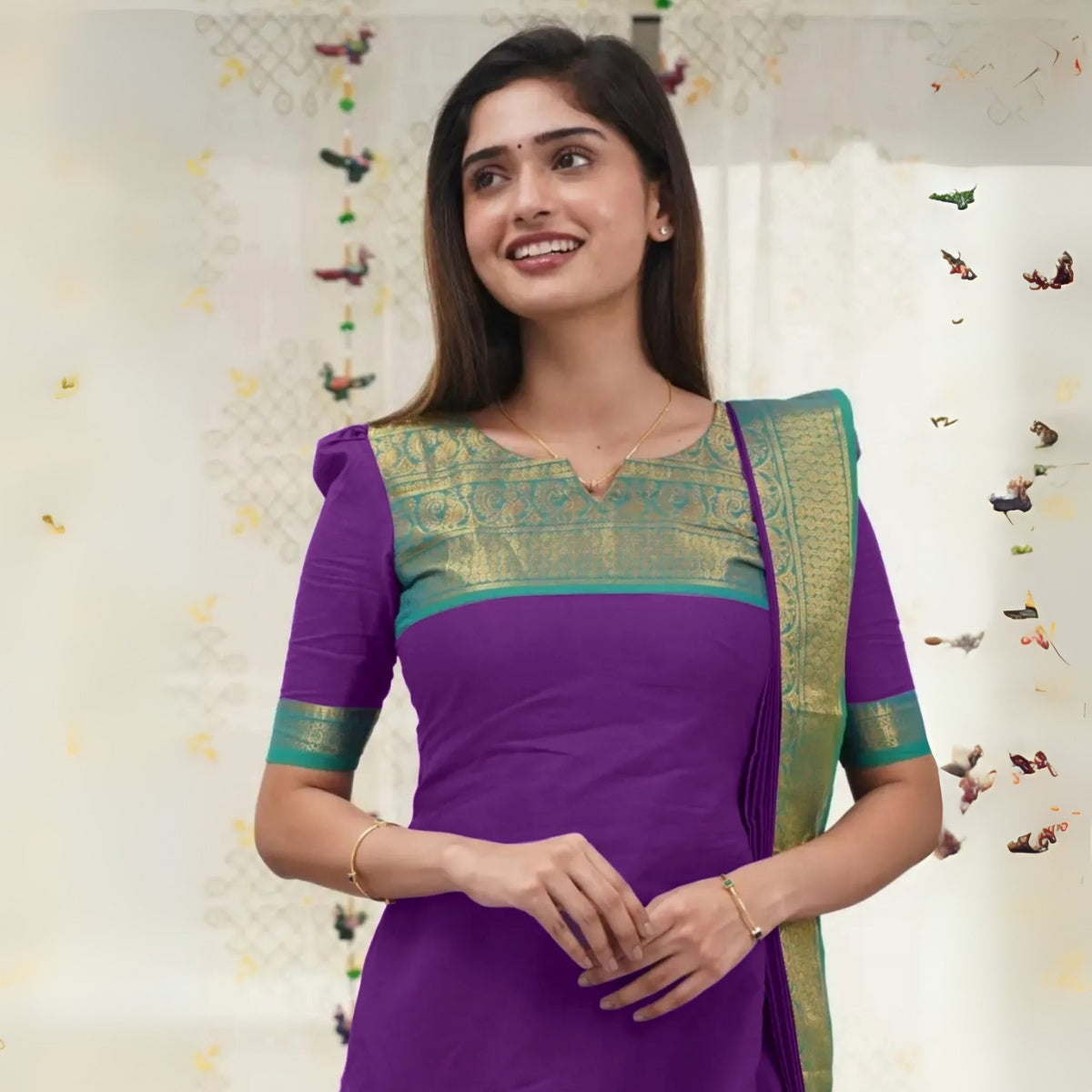 Vibrant Pack of 3 Silk Blend Suit Sets with Dupatta –Pink , Parrot Green & Purple | Sizes XS–3XL | SS-04