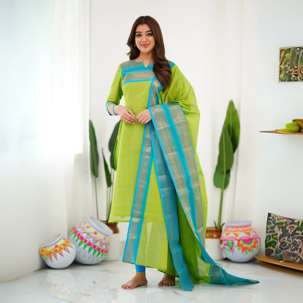 Vibrant Pack of 3 Silk Blend Suit Sets with Dupatta – Navy Blue, Lime Green & Mustard Yellow | Sizes XS–3XL | SS-08