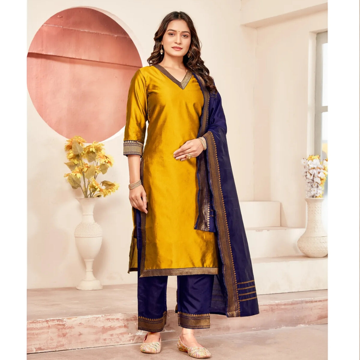 Vibrant Pack of 3 Silk Blend Suit Sets with Dupatta – Navy Blue, Lime Green & Mustard Yellow | Sizes XS–3XL | SS-08