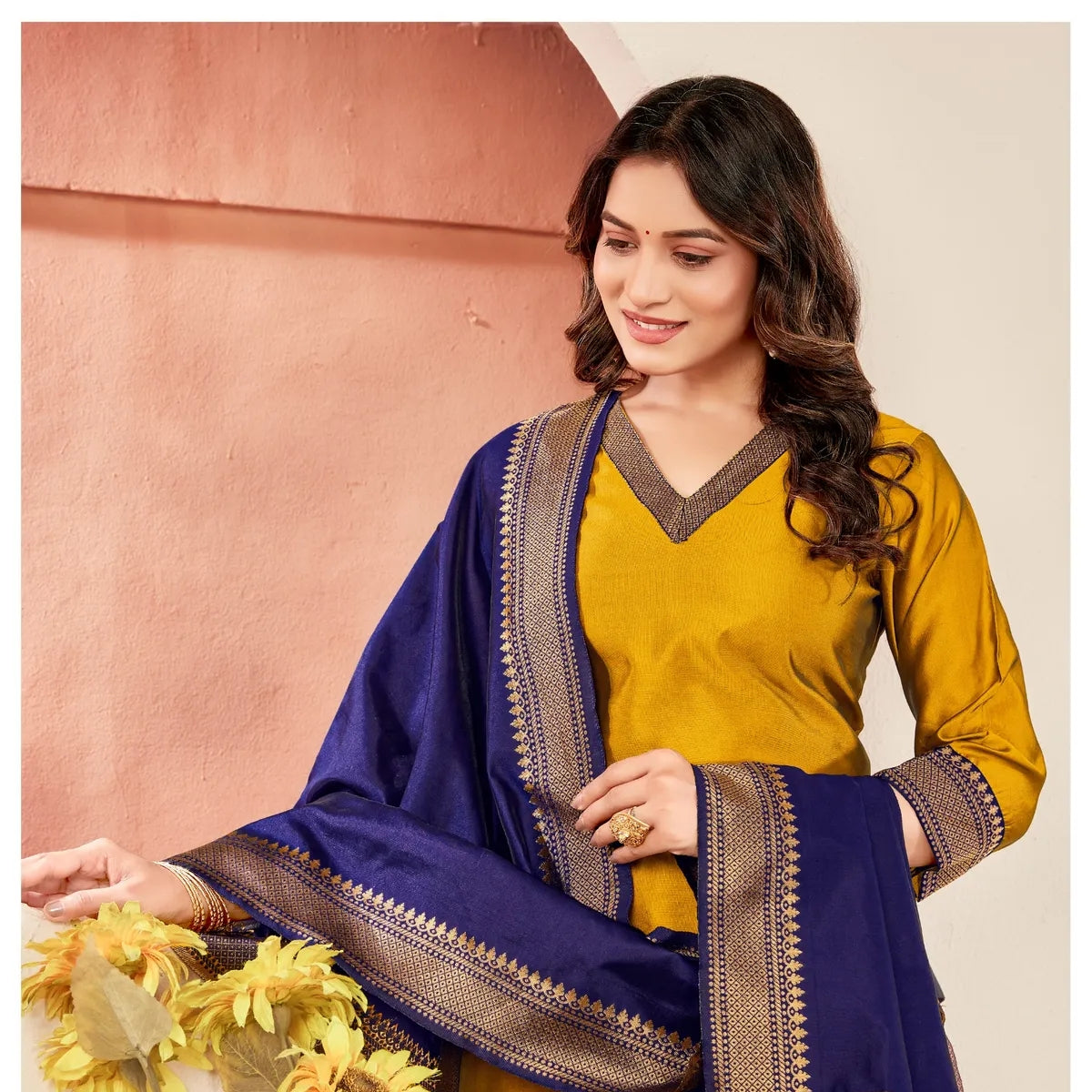 Vibrant Pack of 3 Silk Blend Suit Sets with Dupatta – Navy Blue, Lime Green & Mustard Yellow | Sizes XS–3XL | SS-08