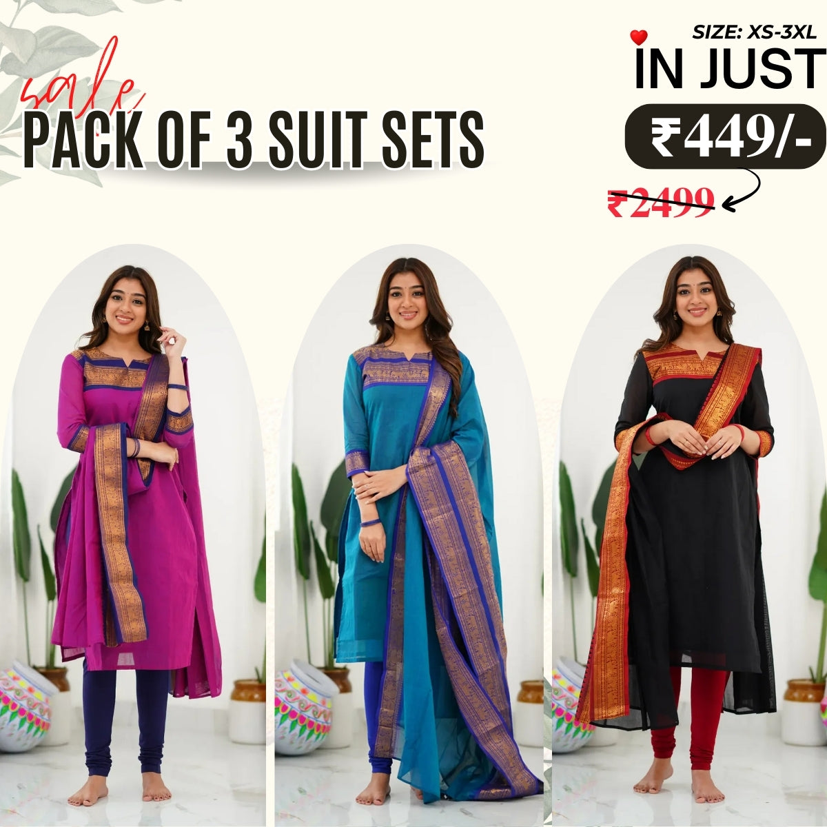 Vibrant Pack of 3 Silk Blend Suit Sets with Dupatta – Pink , Blue & Black | Sizes XS–3XL | SS-02