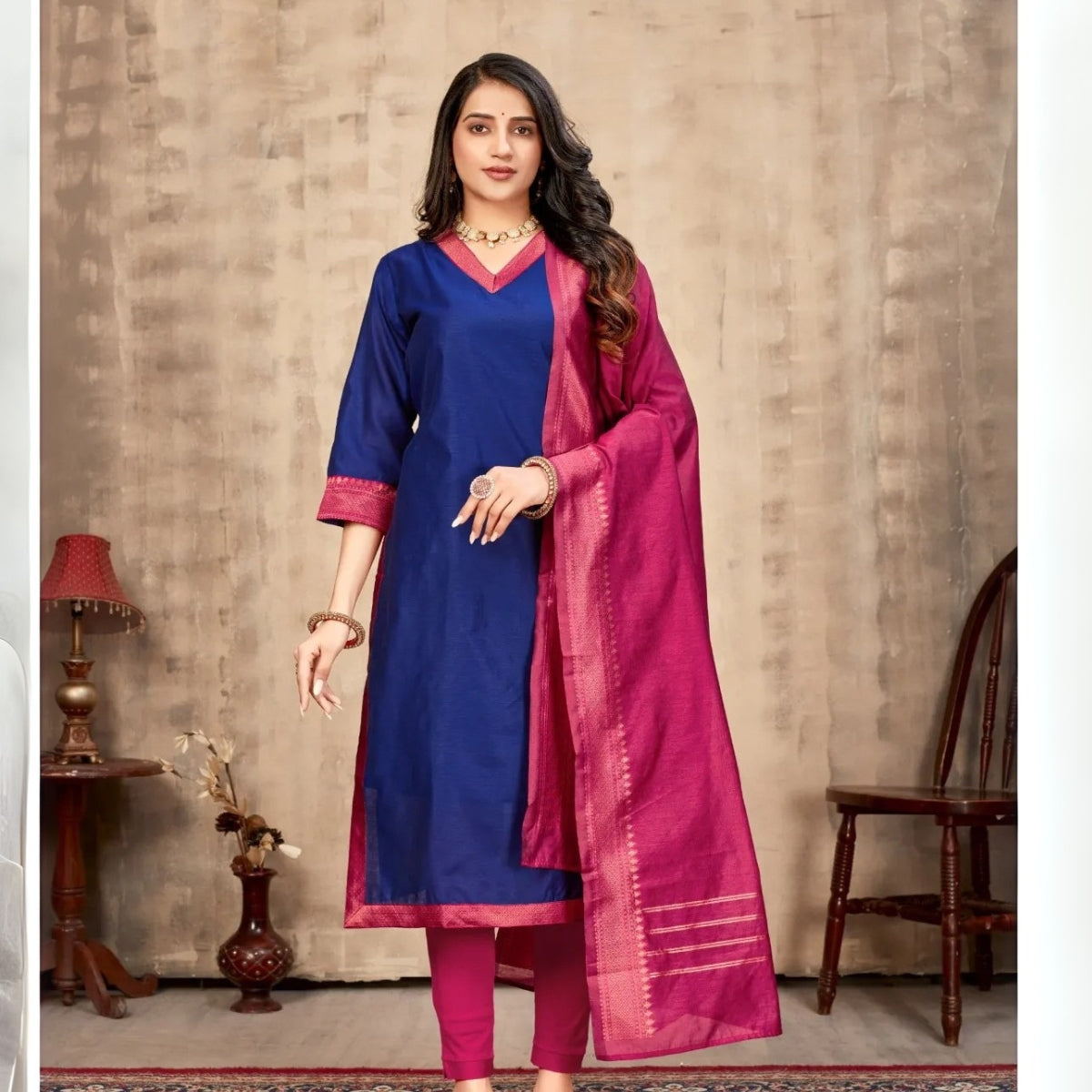 Vibrant Pack of 3 Silk Blend Suit Sets with Dupatta – Navy Blue, Lime Green & Mustard Yellow | Sizes XS–3XL | SS-08