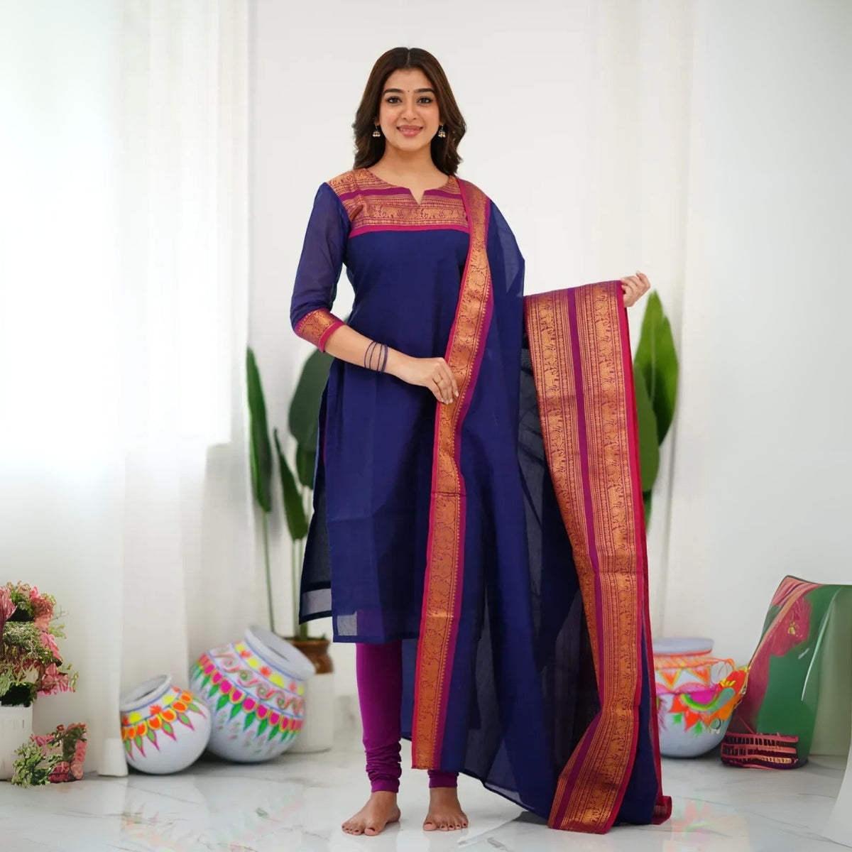 Vibrant Pack of 3 Silk Blend Suit Sets with Dupatta – Purple with Green, Navy Blue with Maroon, and Magenta with Navy Blue | Sizes XS–3XL | SS-06