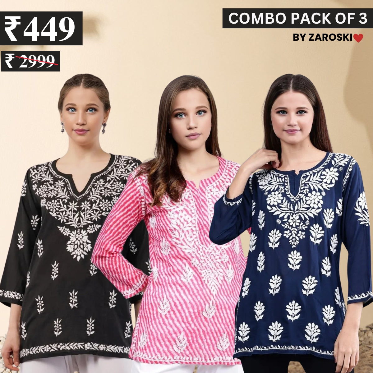 3 Combo Pack Cotton Short Kurtis | Summer Cotton Bliss | 3/4 Sleeve | C-153