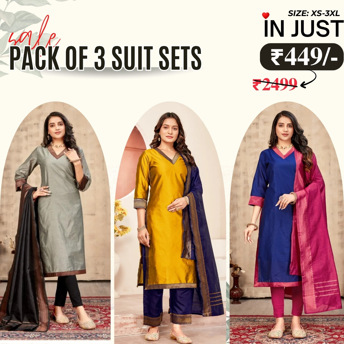 Vibrant Pack of 3 Silk Blend Suit Sets with Dupatta – Grey, Yellow & Purple | Sizes XS–3XL | SS-03