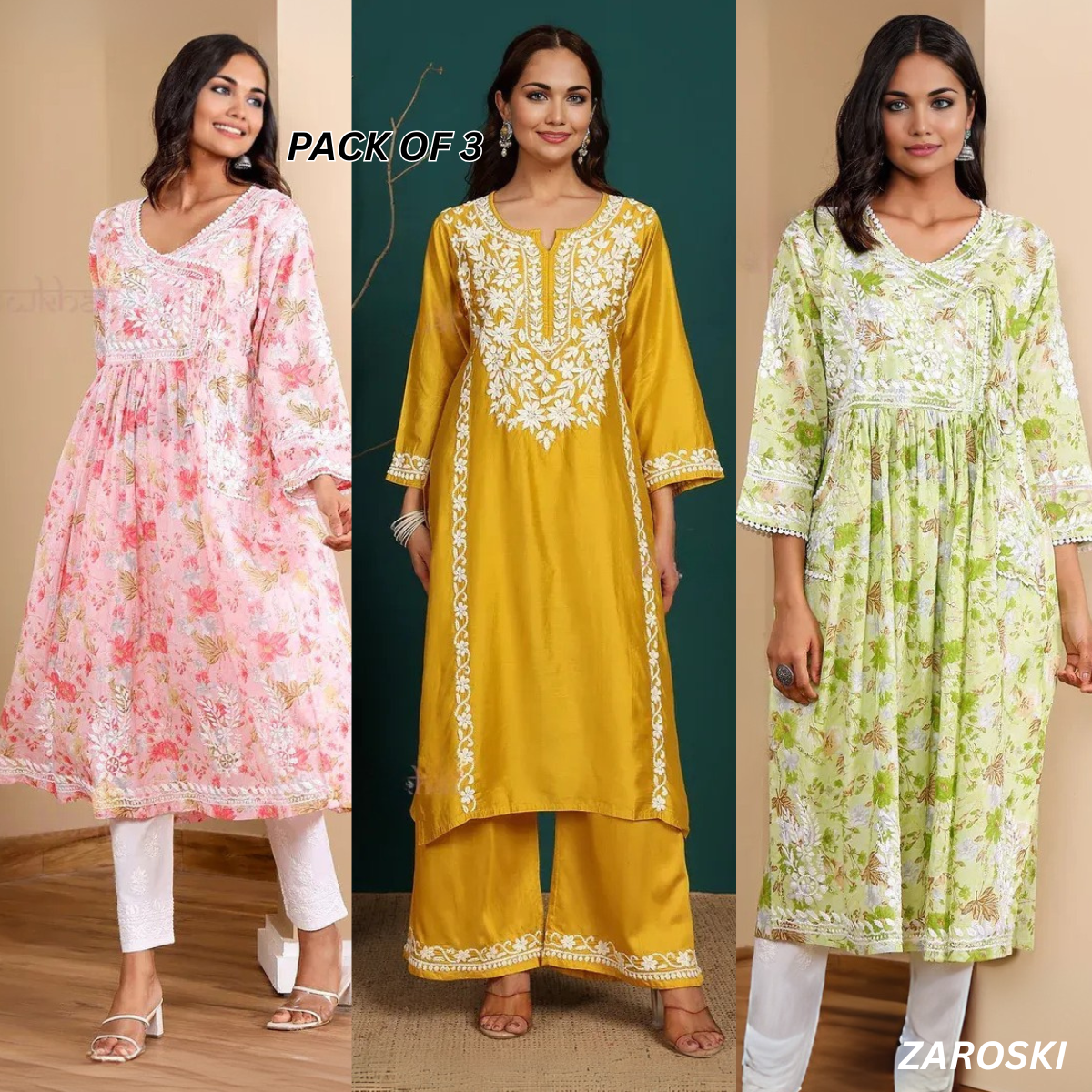 3 Combo Pack | Women Chikankari Work Kurti Set | Full Sleeves - CKW-04