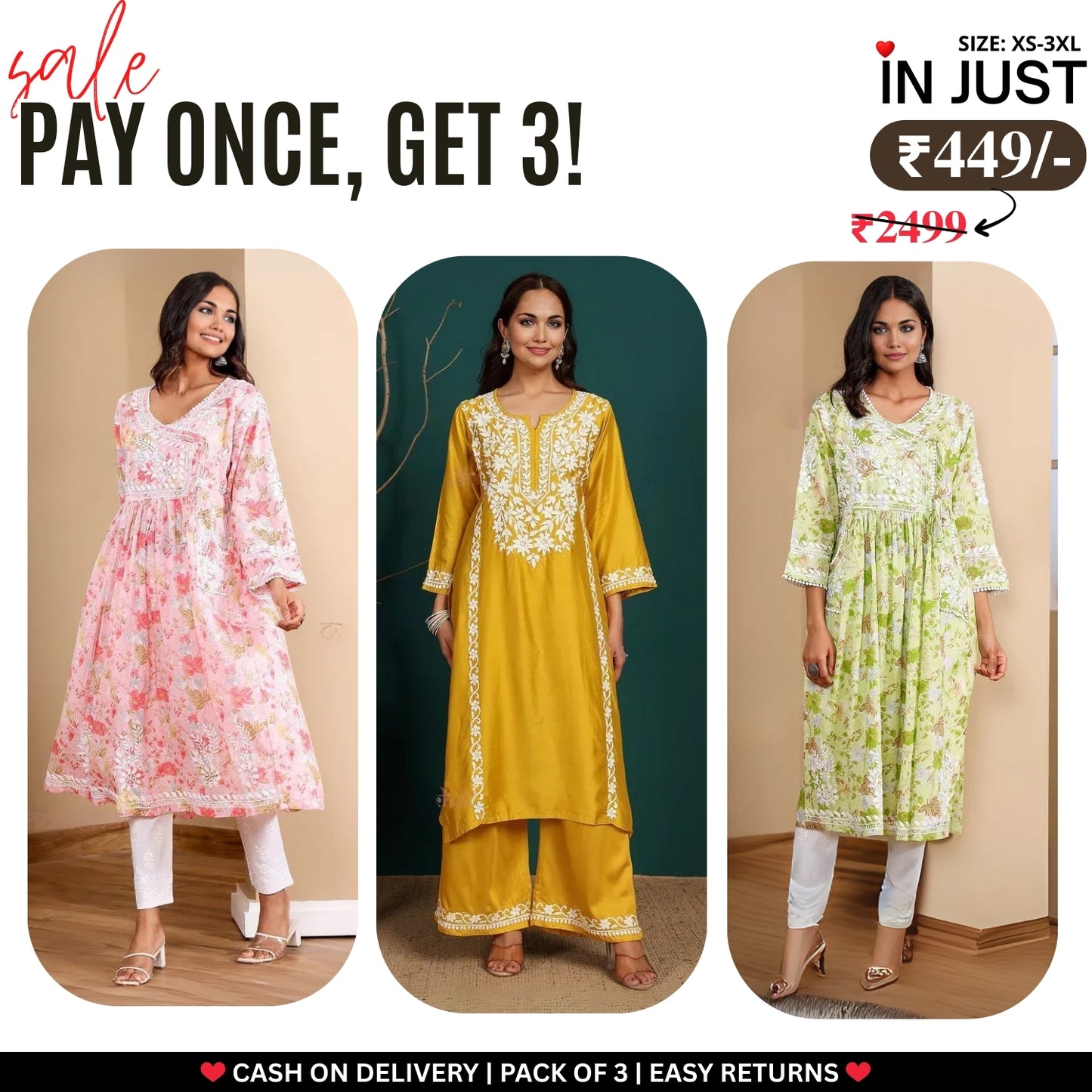 3 Combo Pack | Women Chikankari Work Kurti Set | Full Sleeves - CKW-04