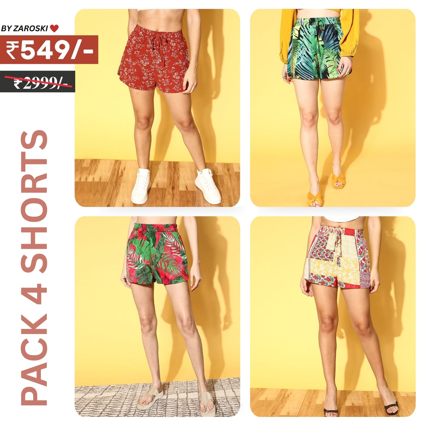 Pack Of 4 | Modern Llifestyles Regular Fit Cotton Shorts for Women | C-094
