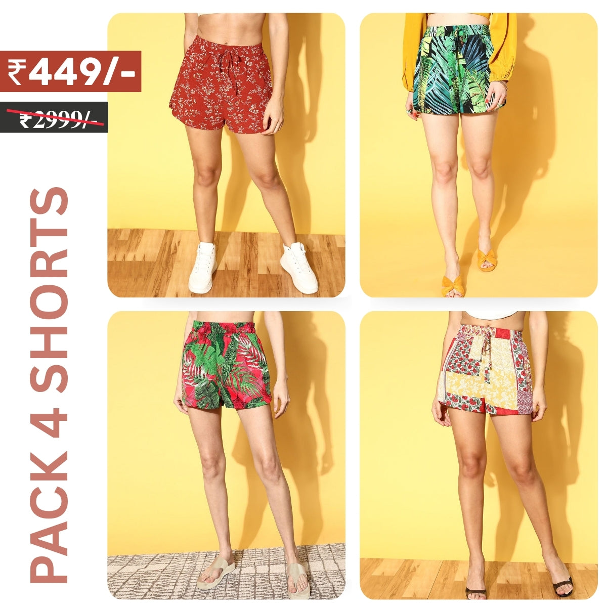 Pack Of 4 | Modern Llifestyles Regular Fit Cotton Shorts for Women | C-094