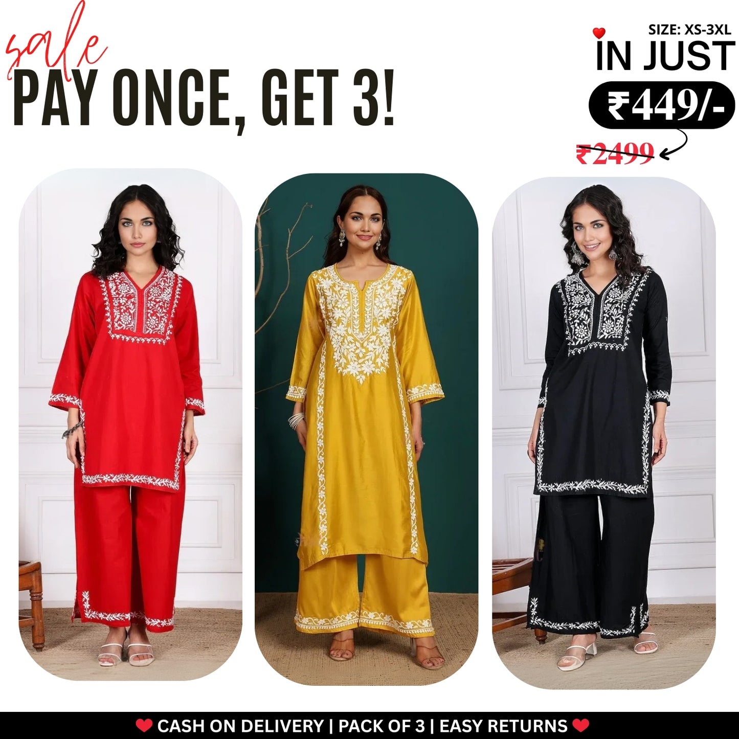 3 Combo Pack | Women Chikankari Work Kurti Set | Full Sleeves - CKW-03
