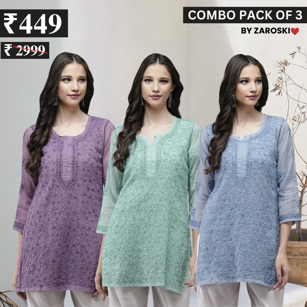 3 Combo Pack Cotton Short Kurtis | Summer Cotton Bliss | 3/4 Sleeve | C-154