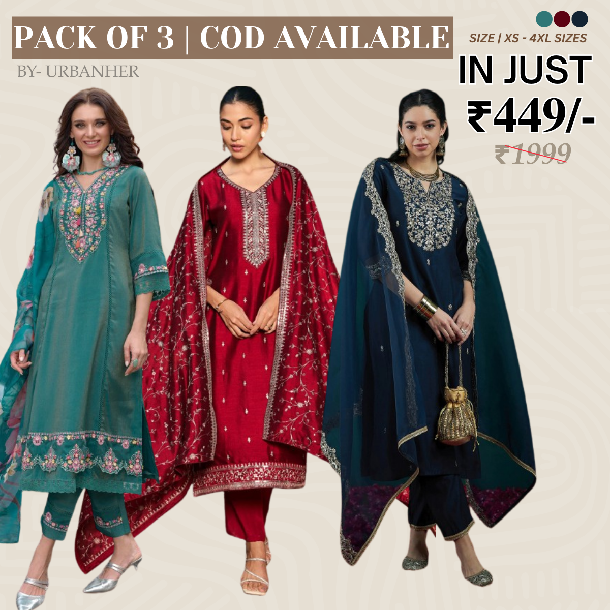 Pack of 3 | Elegant Silk Suit Set for Women | Festive & Party Wear | SS-02