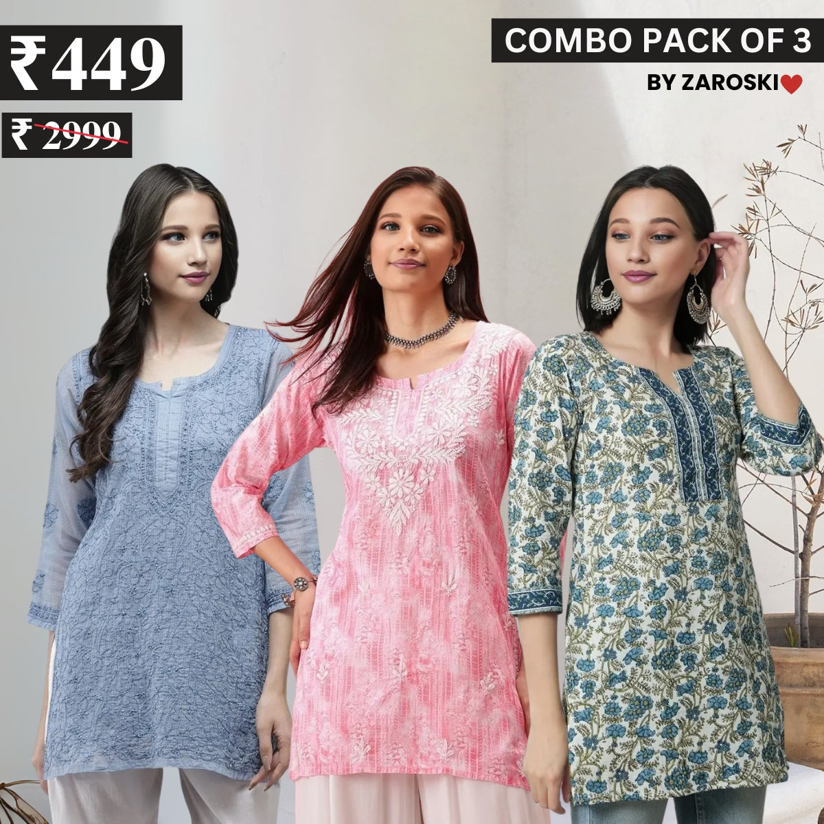 3 Combo Pack Cotton Short Kurtis | Summer Cotton Bliss | 3/4 Sleeve | C-156