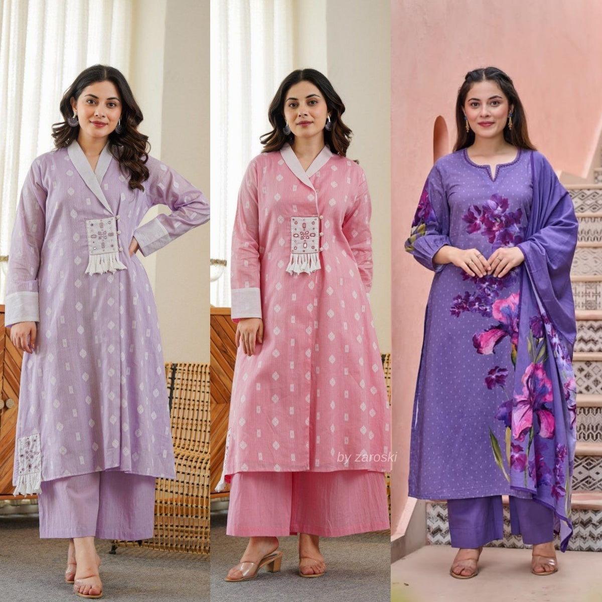 3 Combo Soft Cotton Kurta with Stylish Printed Pants Set For Daily Wear | KSP-04