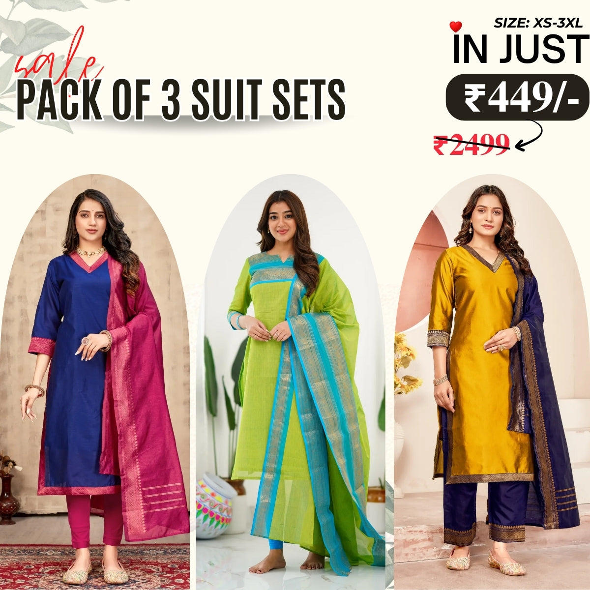 Vibrant Pack of 3 Silk Blend Suit Sets with Dupatta – Navy Blue, Lime Green & Mustard Yellow | Sizes XS–3XL | SS-08