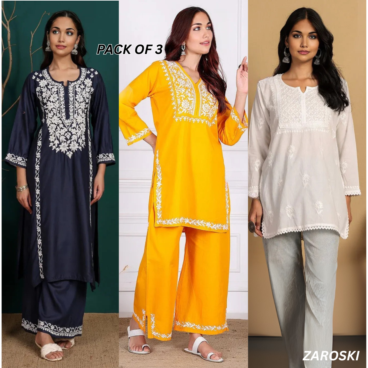 3 Combo Pack | Women Chikankari Work Kurti Set | Full Sleeves - CKW-01