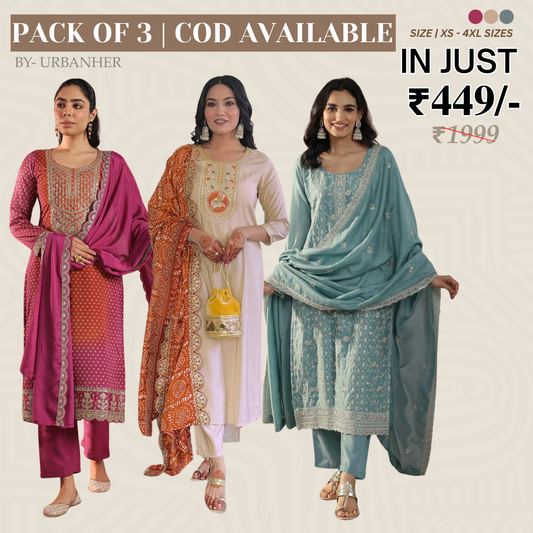 Pack of 3 | Elegant Silk Suit Set for Women | Festive & Party Wear |  SS-06