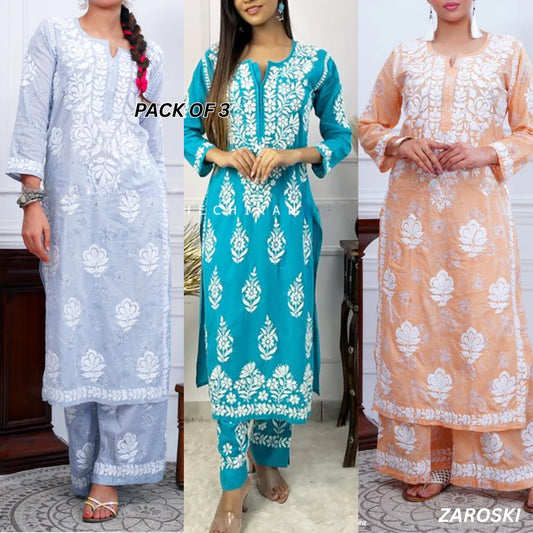 3 Combo Pack | Women Chikankari Work Kurti Set | Full Sleeves - CKS10