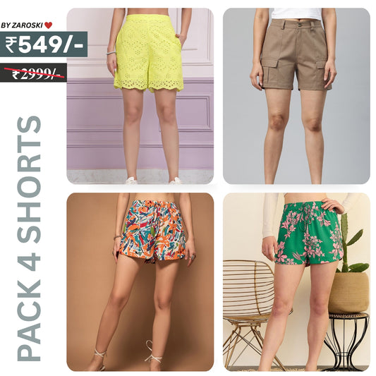 Pack Of 4 | Modern Llifestyles Regular Fit Cotton Shorts for Women | C-100