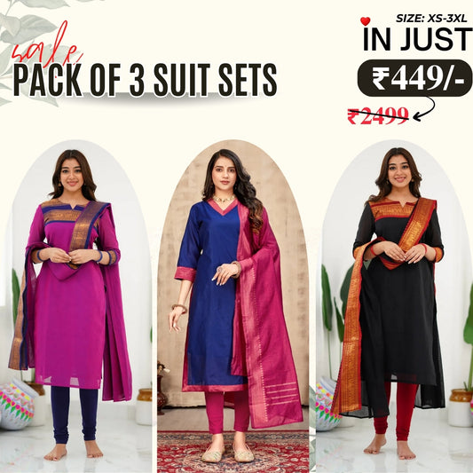 Vibrant Pack of 3 Silk Blend Suit Sets with Dupatta – Magenta, Navy Blue & Black | Sizes XS–3XL |  SS-10