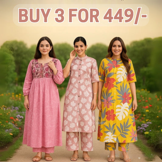 3 Combo Soft Cotton Kurta with Stylish Printed Pants Set For Daily Wear | KSP-05
