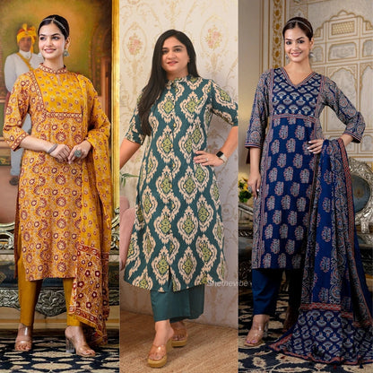 3 Combo Soft Cotton Kurta with Stylish Printed Pants Set For Daily Wear | KSP-06