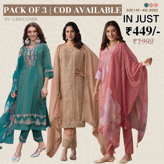 Pack of 3 | Elegant Silk Suit Set for Women | Festive & Party Wear |  SS-07