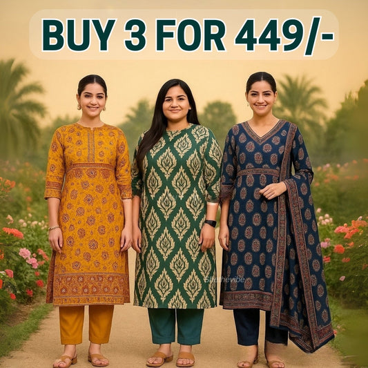 3 Combo Soft Cotton Kurta with Stylish Printed Pants Set For Daily Wear | KSP-06