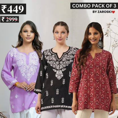 3 Combo Pack Cotton Short Kurtis | Summer Cotton Bliss | 3/4 Sleeve | C-163