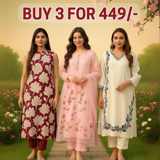 3 Combo Soft Cotton Kurta with Stylish Printed Pants Set For Daily Wear | KSP-07