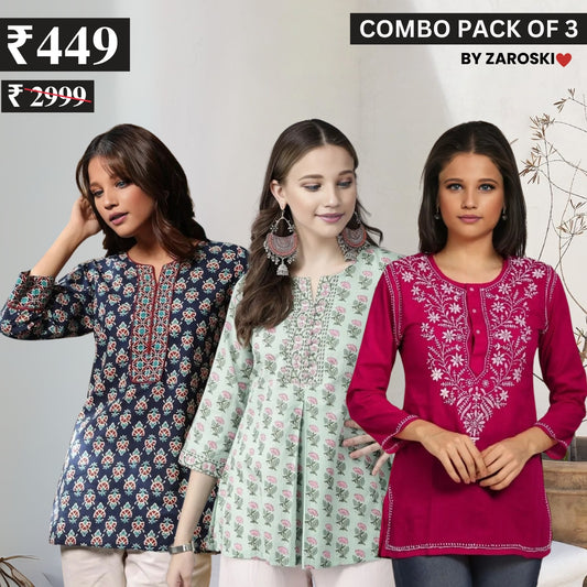 3 Combo Pack Cotton Short Kurtis | Summer Cotton Bliss | 3/4 Sleeve | C-165