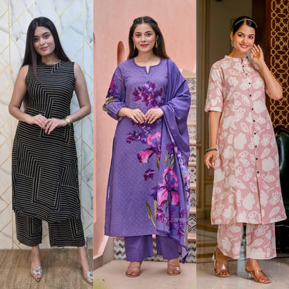 3 Combo Soft Cotton Kurta with Stylish Printed Pants Set For Daily Wear | KSP-08