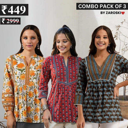 3 Combo Pack Cotton Short Kurtis | Summer Cotton Bliss | 3/4 Sleeve | C-166