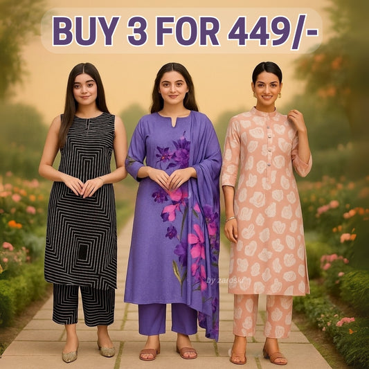 3 Combo Soft Cotton Kurta with Stylish Printed Pants Set For Daily Wear | KSP-08