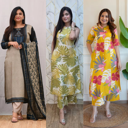 3 Combo Soft Cotton Kurta with Stylish Printed Pants Set For Daily Wear | KSP-09