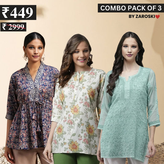 3 Combo Pack Cotton Short Kurtis | Summer Cotton Bliss | 3/4 Sleeve | C-167