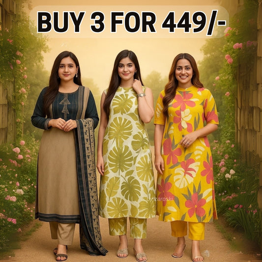 3 Combo Soft Cotton Kurta with Stylish Printed Pants Set For Daily Wear | KSP-09