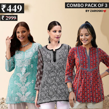 3 Combo Pack Cotton Short Kurtis | Summer Cotton Bliss | 3/4 Sleeve | C-169