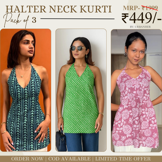 Pack of 3 | Stylish Halter Neck Kurtis for Women | Cotton Kurta Set | SKU: HSK-01