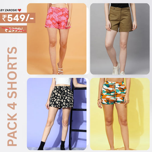 Pack Of 4 | Modern Llifestyles Regular Fit Cotton Shorts for Women | C-092