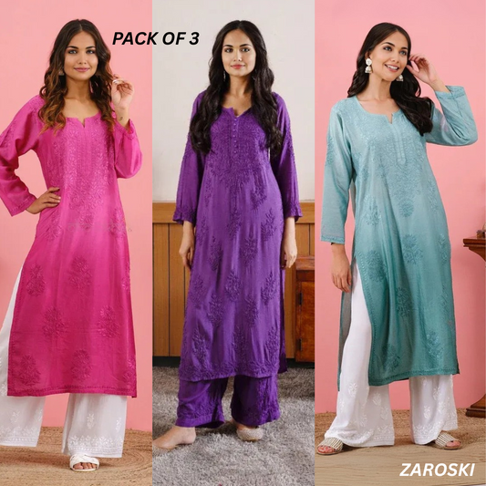 3 Combo Pack | Women Chikankari Work Kurti Set | Full Sleeves - CKS01