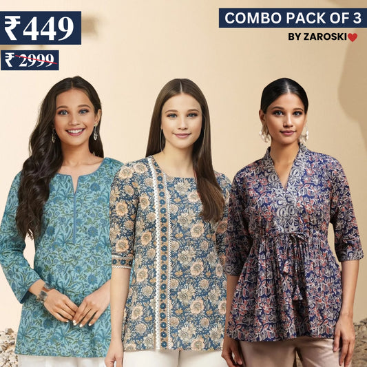 3 Combo Pack Cotton Short Kurtis | Summer Cotton Bliss | 3/4 Sleeve | C-151